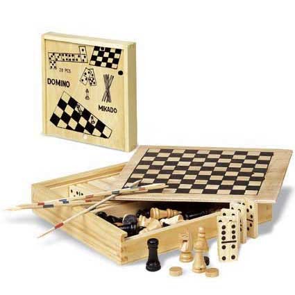 Spielesammlung in Holzbox mit 4 Spielen