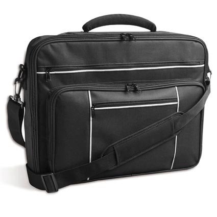 Schwarze Laptoptasche mit weißen Applikationen