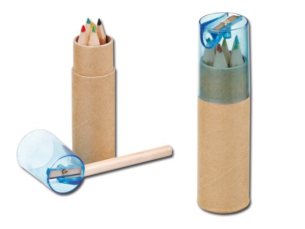 Buntstifte mit Spitzer in zylinderförmiger Kartonbox