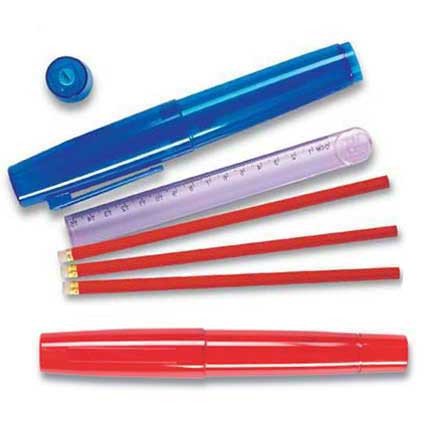 3 Bleistifte mit Anspitzer und Lineal in transparentem Stift