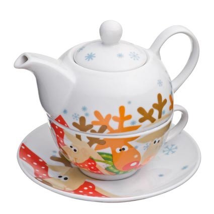 Teekanne und Tasse aus Porzellan mit Elchmotiv